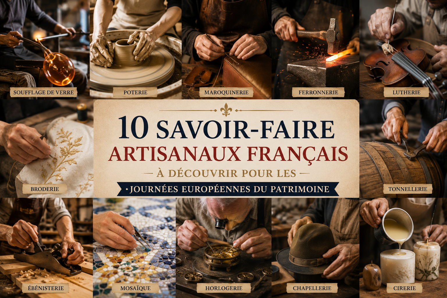 10 savoir-faire artisanaux français réunissant divers métiers: soufflage, poterie, marqueterie, ferronnerie, lutherie, broderie, mosaic, horlogerie et plus.