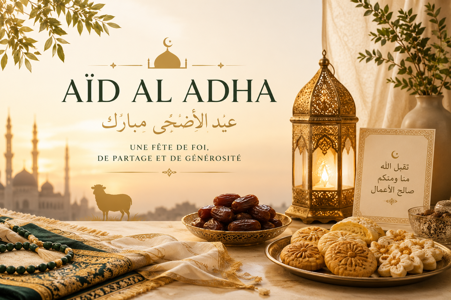Affiche de l'Aid Al Adha: font arabe et texte, lanternes dorées, plats de dattes et biscuits sucrés sur une nappe festive, ambiance chaleureuse.