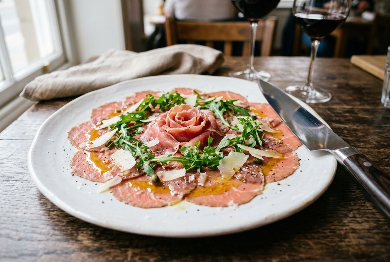 Assiette de carpaccio de veau décorée de rosette de viande au centre, rosettes de rosette et feuilles d’arugula, copeaux de parmesan et filet d’huile, près d’un couteau. Idée repas pentecôte proposée.