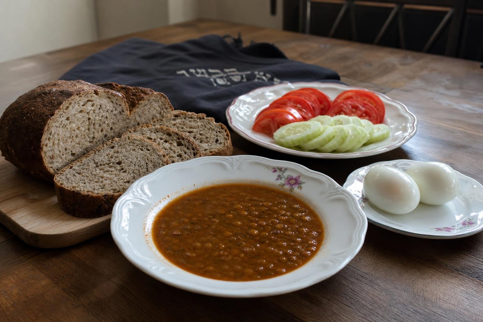 Assiette de lentilles râpées et œufs durs, tranches de pain noir et tomates avec concombre, pour la recette seoudat hamafseket tisha beav.