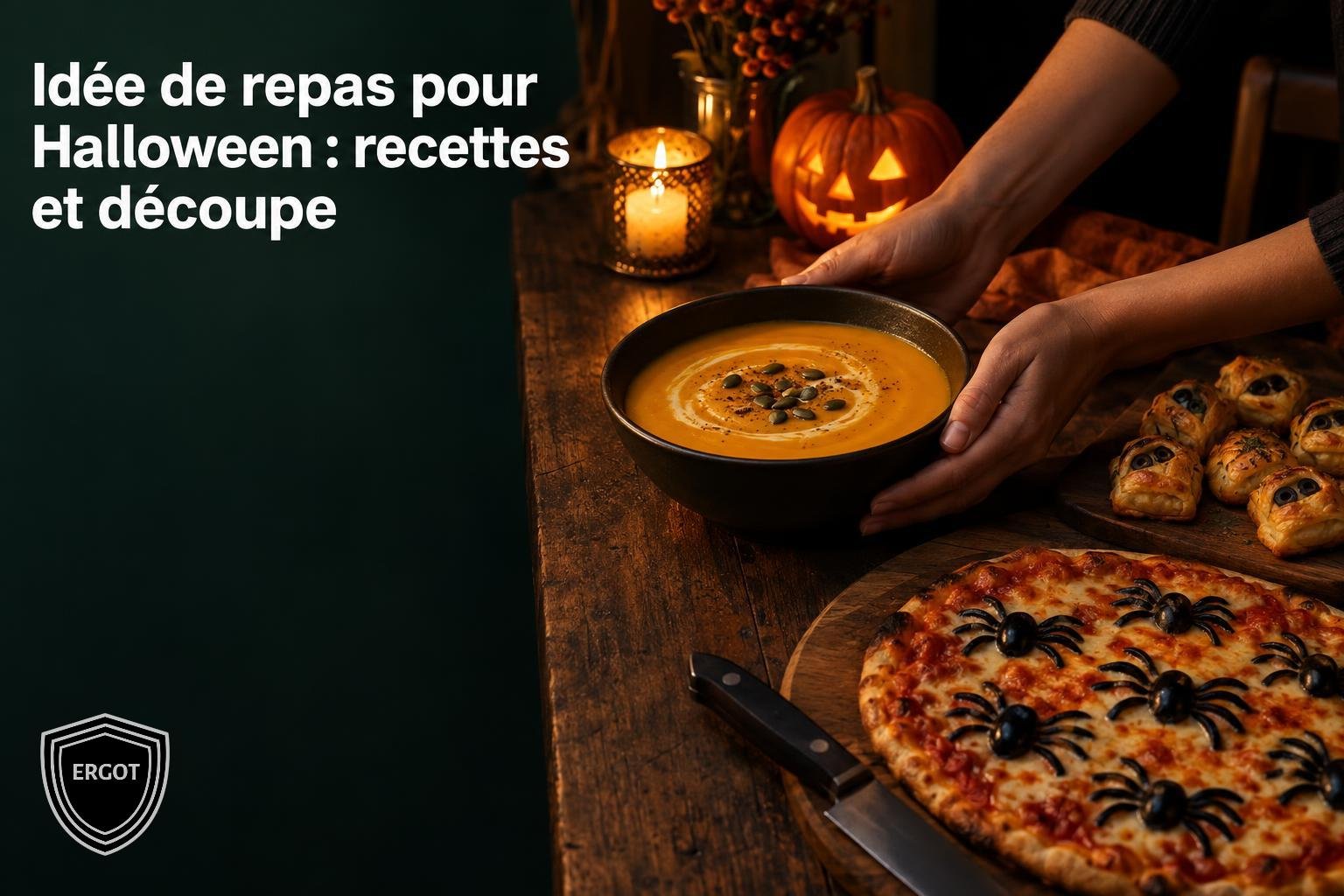 Assiette de soupe à la couleur orange entourée de pains et d’une pizza en forme araignée sur une table en bois.