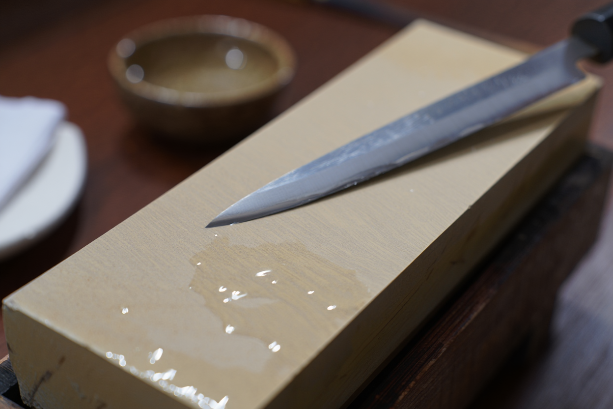 Pierre à aiguiser avec couteau japonais en position d'affûtage