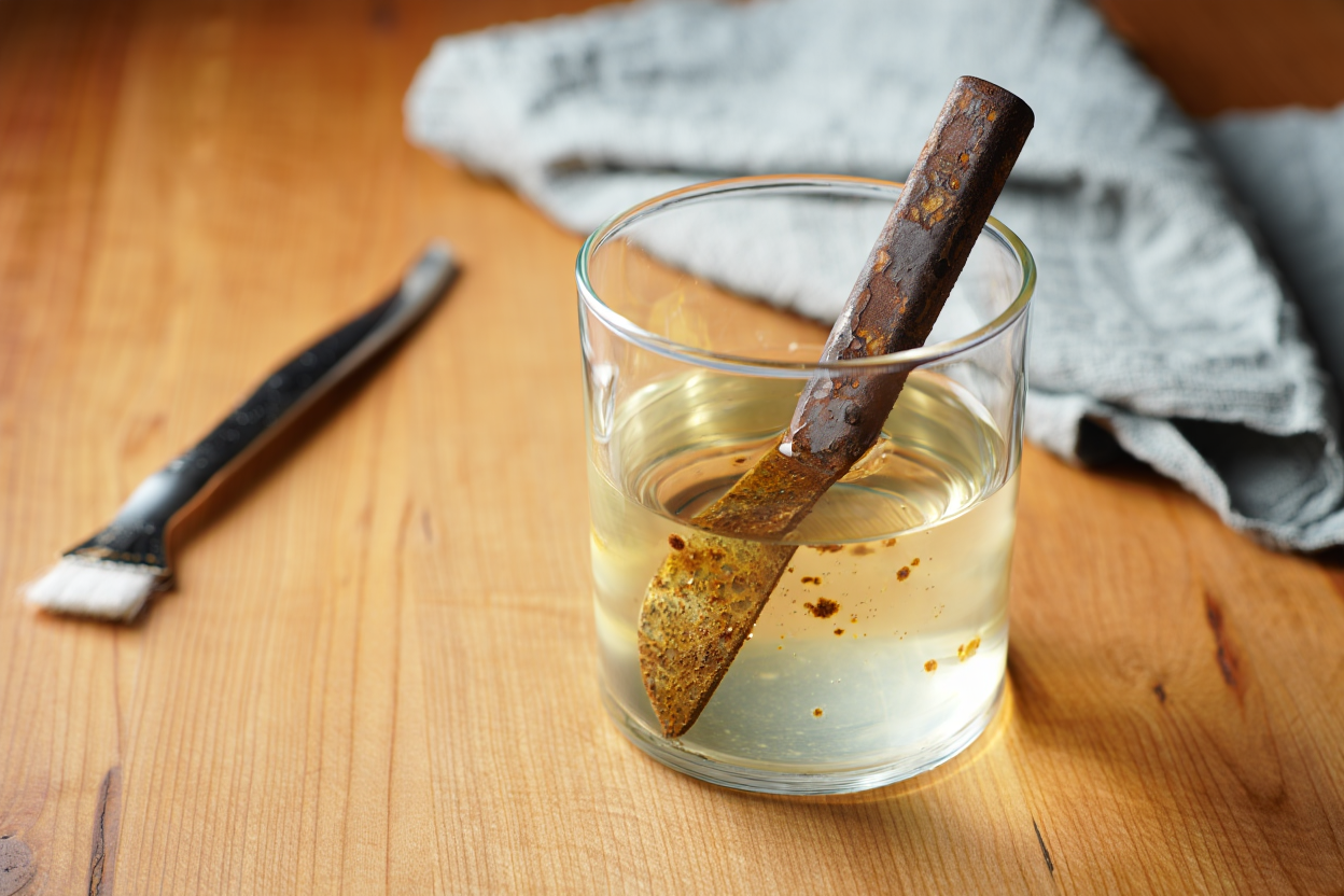 Trempage d'une lame rouillée dans du vinaigre blanc