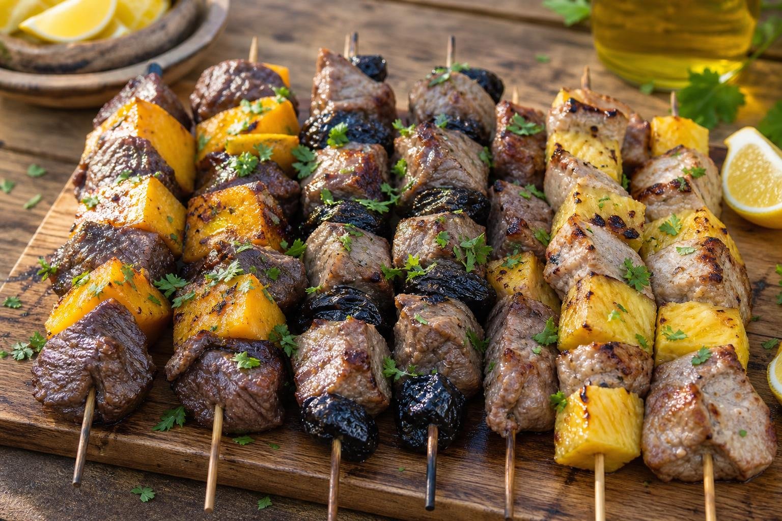 Brochettes maison originales barbecue: brochettes de viande et d’ananas grillés sur planche, assaisonnées et décorées de persil.