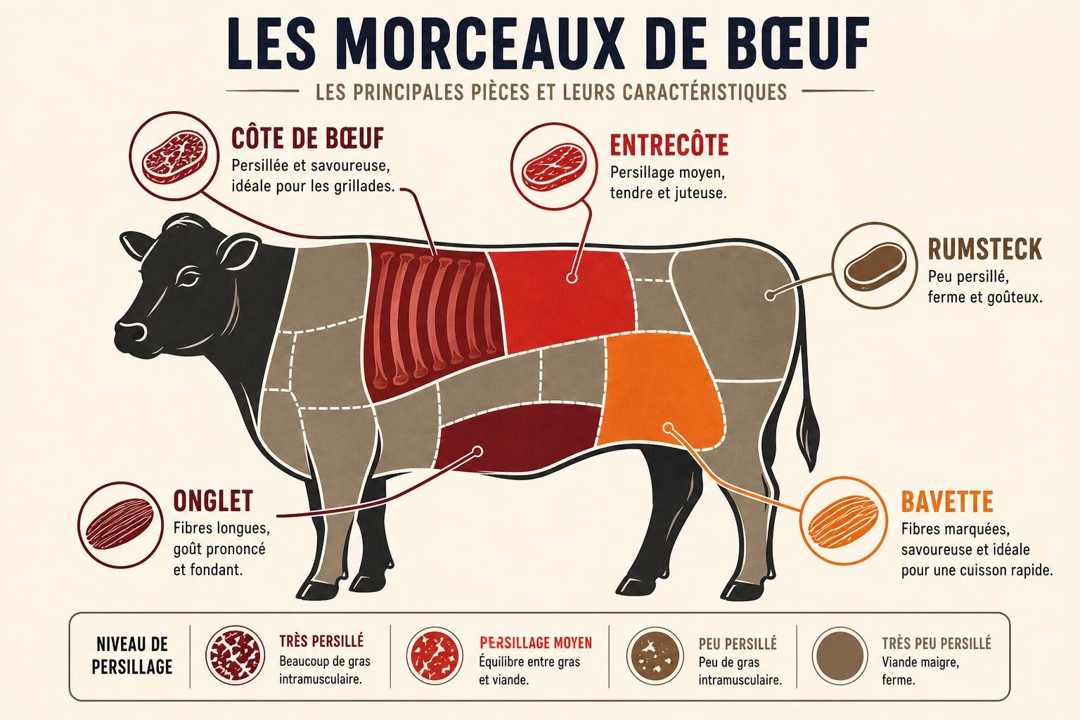 Carte anatomique d’un bœuf avec les coupes principales (côte, entrecôte, onglet, bavette, rumsteck) et leurs caractéristiques, dans un style pédagogique. Le guide de la découpe des viandes pour le barbecue est illustré.