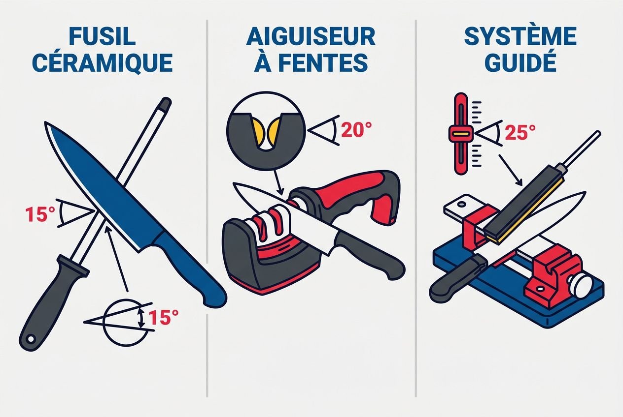 Comparatif aiguiseur couteau: illustration montrant 3 systèmes d’affûtage, fusil céramique, aiguiseur à fentes et système guidé, avec angles indiqués.