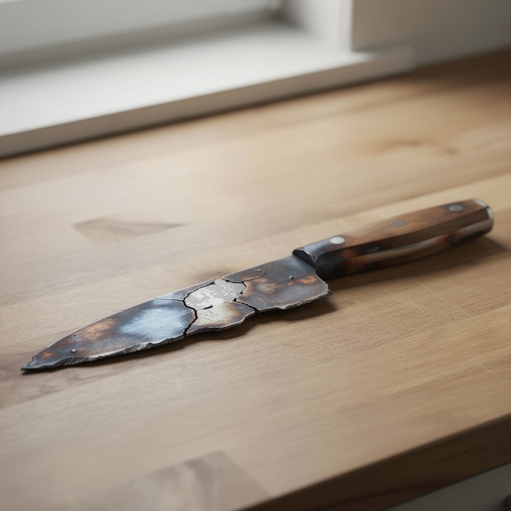 Couteau artisanale à lame fissurée et patinée, poignée en bois, posé sur plan de travail en bois.