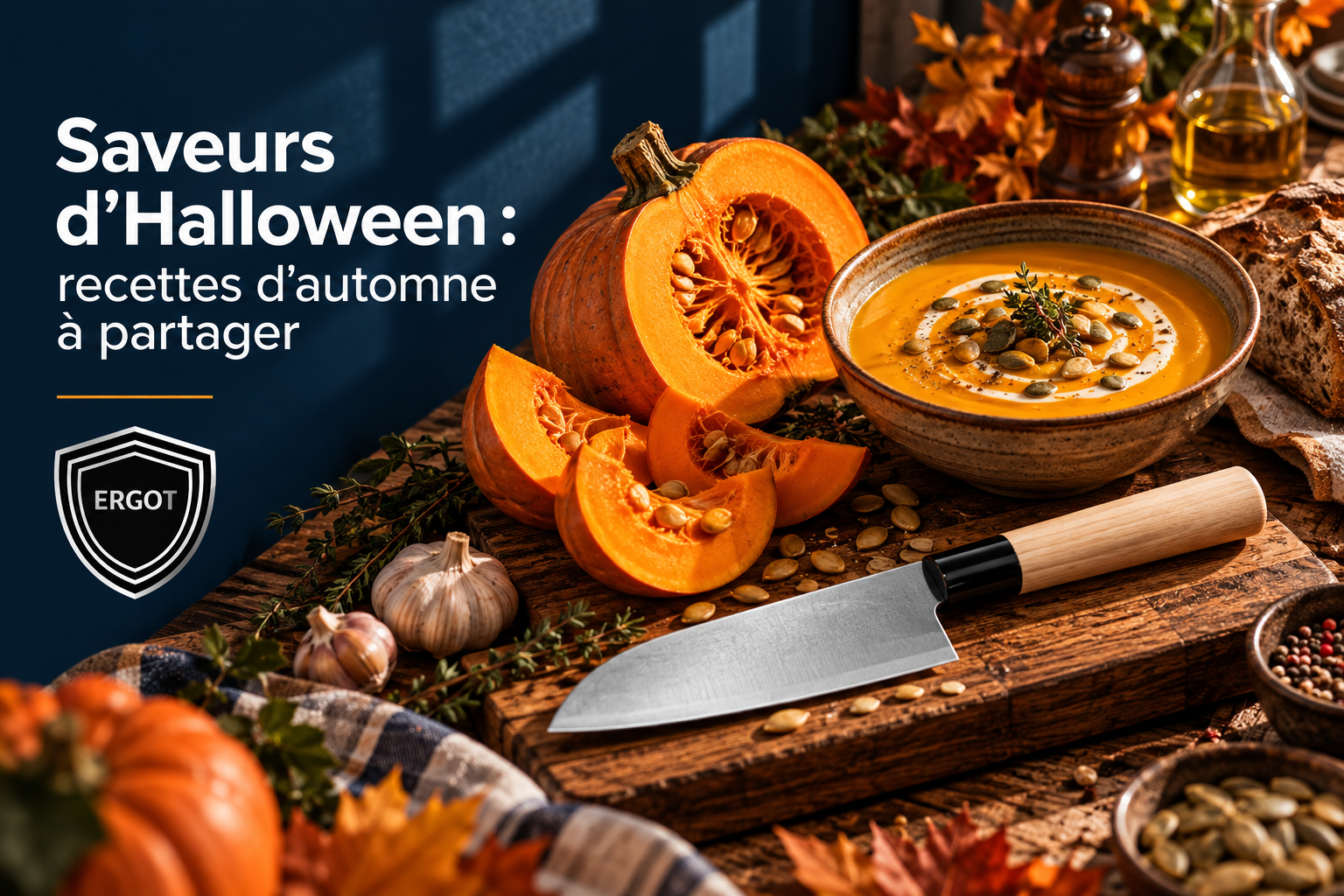 Couteau de chef posé sur planche en bois avec citrouilles et soupe, décor automne Etsy.
