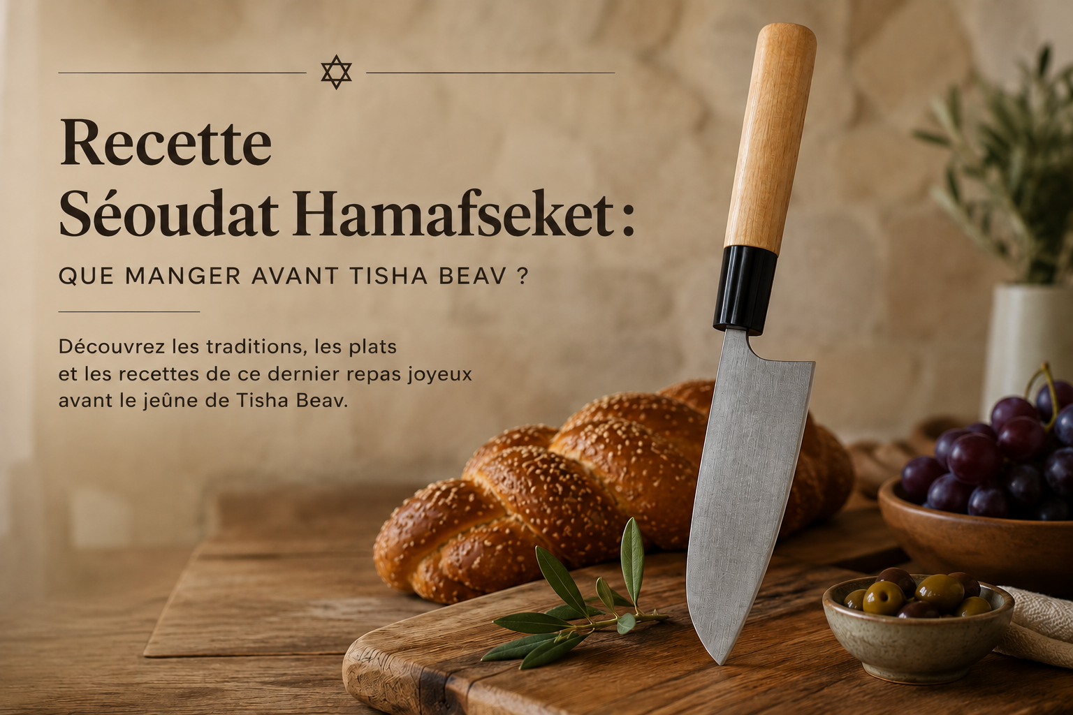 Couteau de cuisine artisanal à lame tranchante, manche en bois, posé sur plan de travail avec pain et olives, style hero.