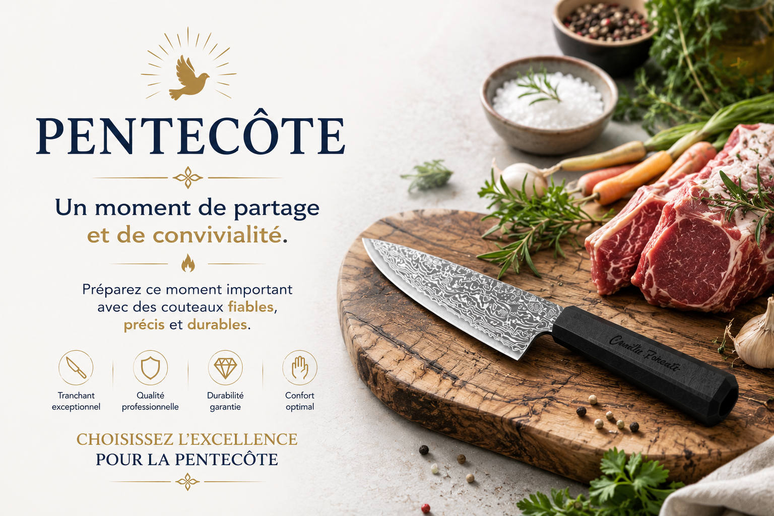 Couteau de cuisine damassé posé sur une planche en rondin, entouré d’ingrédients frais et d’épices, image promotionnelle Pentecôte.
