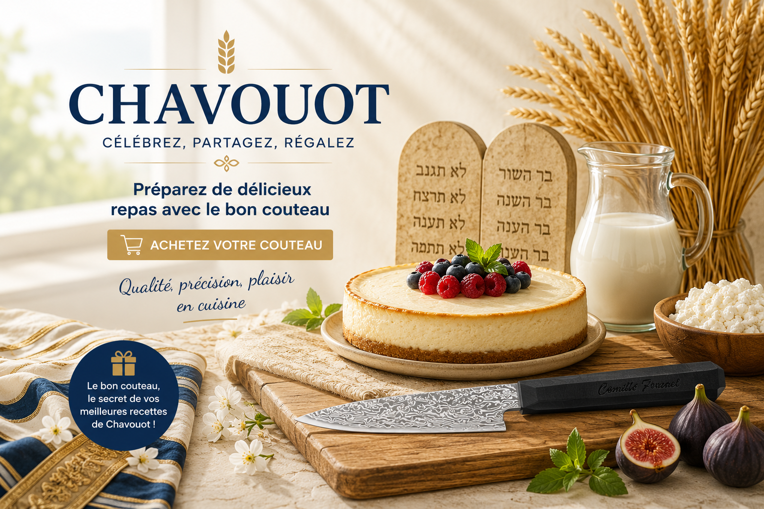Couteau de cuisine et planche avec gâteau, lait dans une cruche, épis de blé et figs autour; style publicitaire pour Chavouot avec texte et bouton “Achetez votre couteau”