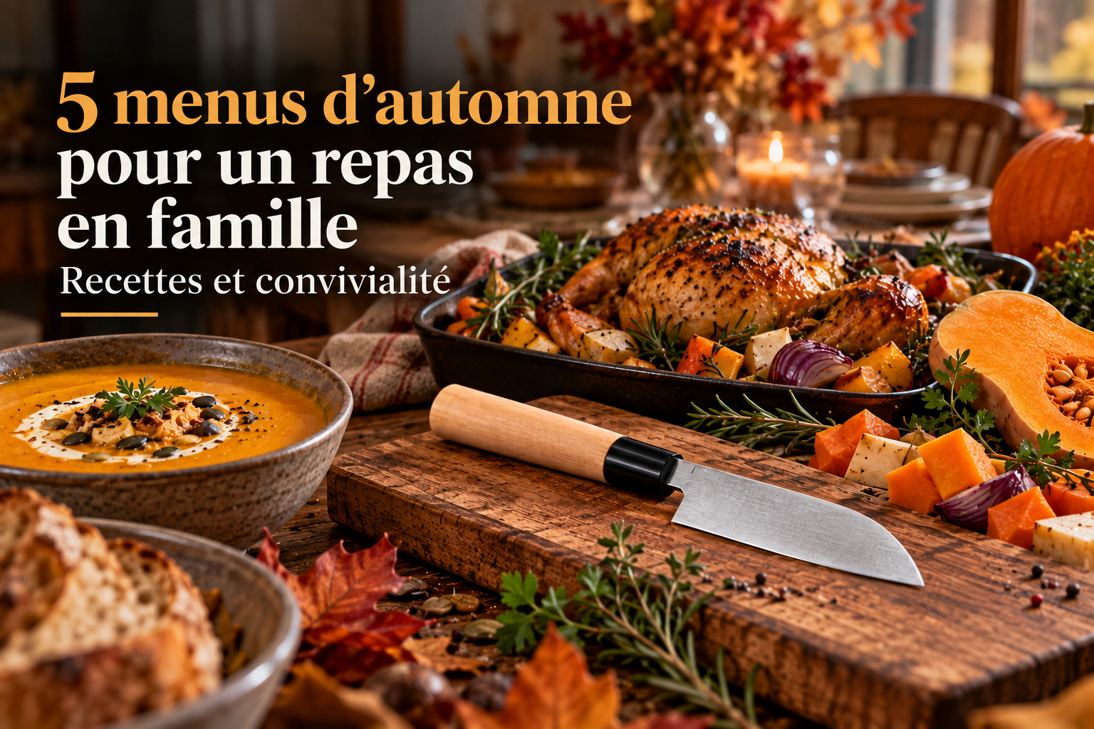 Couteau de cuisine posé sur plan de travail en bois devant plat mijoté et légumes d’automne, ambiance de repas en famille.