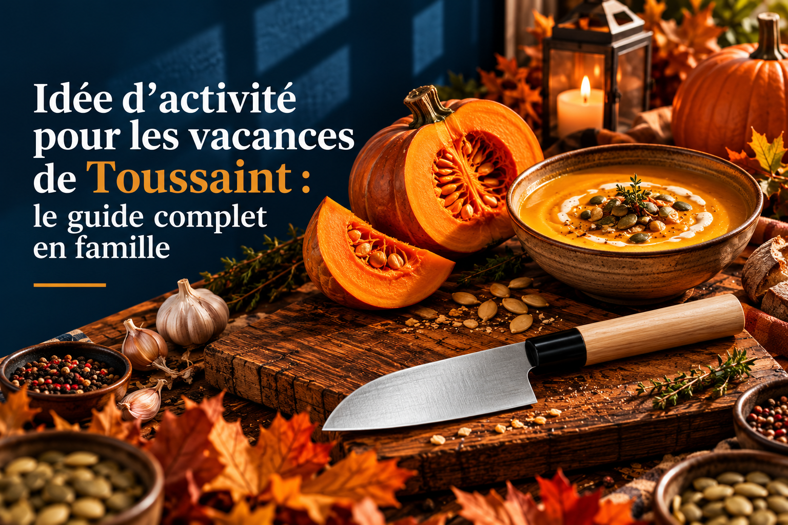 Couteau de cuisine posé sur planche en bois, légumes et soupe mijotée autour, ambiance automnale.