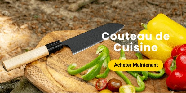 Couteau de cuisine posé sur une planche avec légumes colorés, texte "Couteau de cuisine" et bouton Acheter Maintenant, dans un décor extérieur.