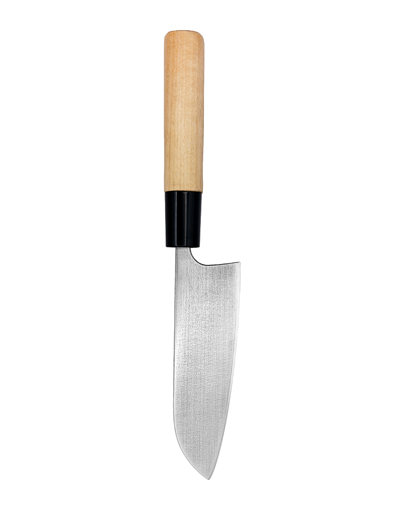 Couteau japonais à lame en acier carbone avec manche en bois et talon noir, prêt à l’usage, idéal pour l’entretien couteau japonais carbone.