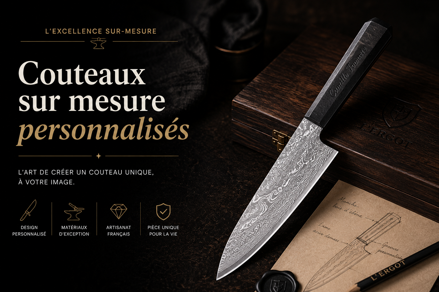 Couteau sur mesure personnalisable avec lame damassée et manche sombre, posé sur une boîte en bois.
