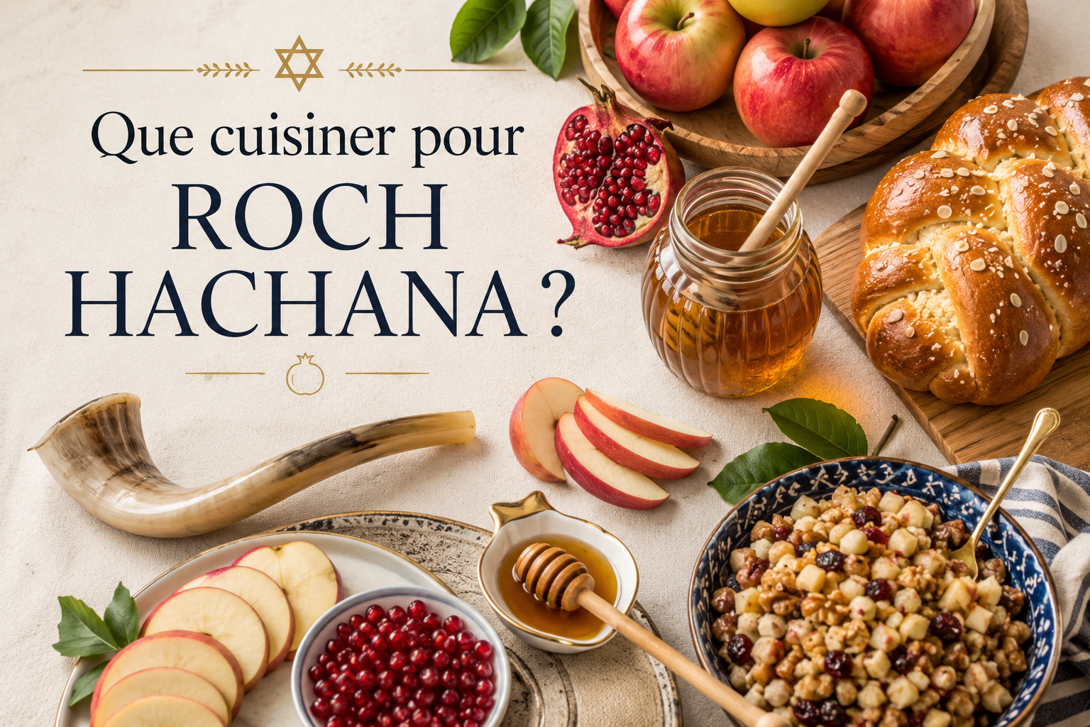 Que cuisiner pour Roch Hachana ? image montrant fruits, pain brioché, miel, grenades, pommes, poires et céréales dans un décor de table.