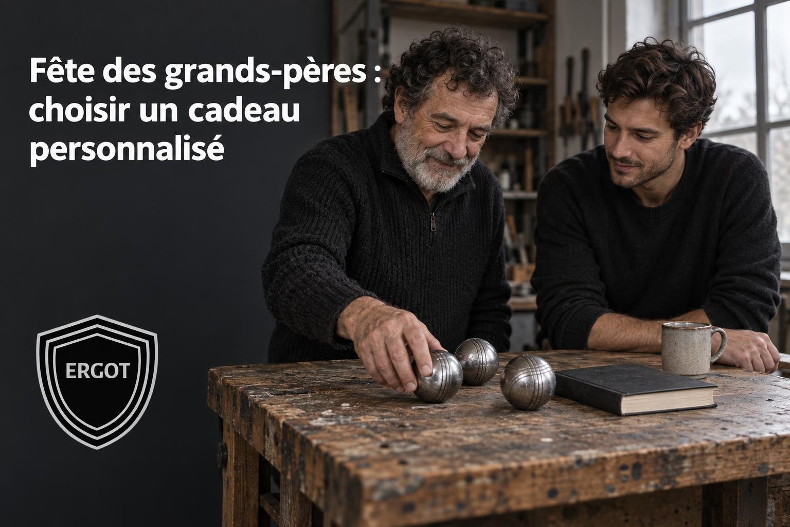 Deux hommes regardent des objets artisanaux posés sur un établi en bois dans un atelier.
