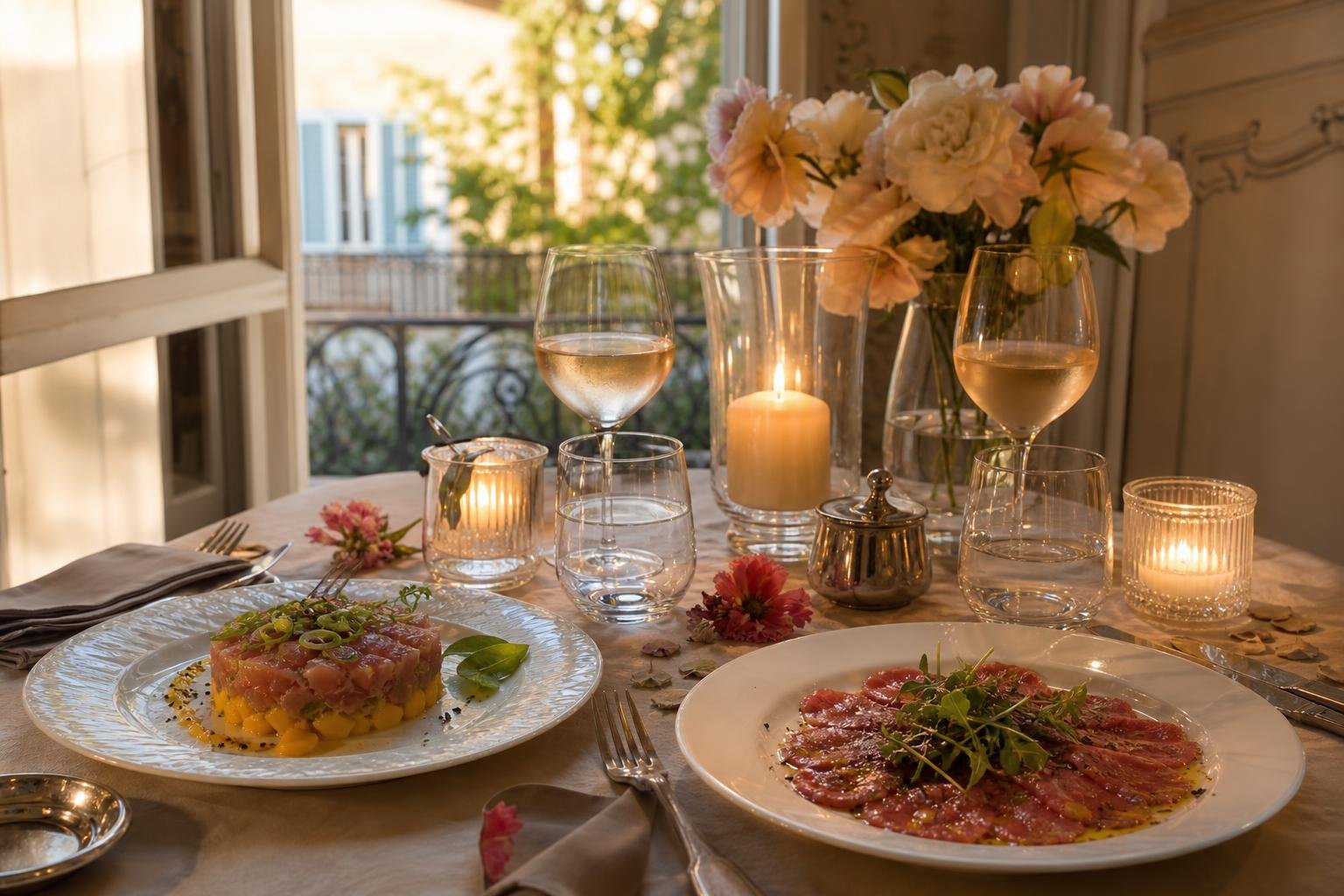 Dîner romantique à deux: assiettes gourmandes et bougies sur une table près de la fenêtre, fleurs et vin blanc. Recette pour cuisiner à deux pour la Saint-Amour.
