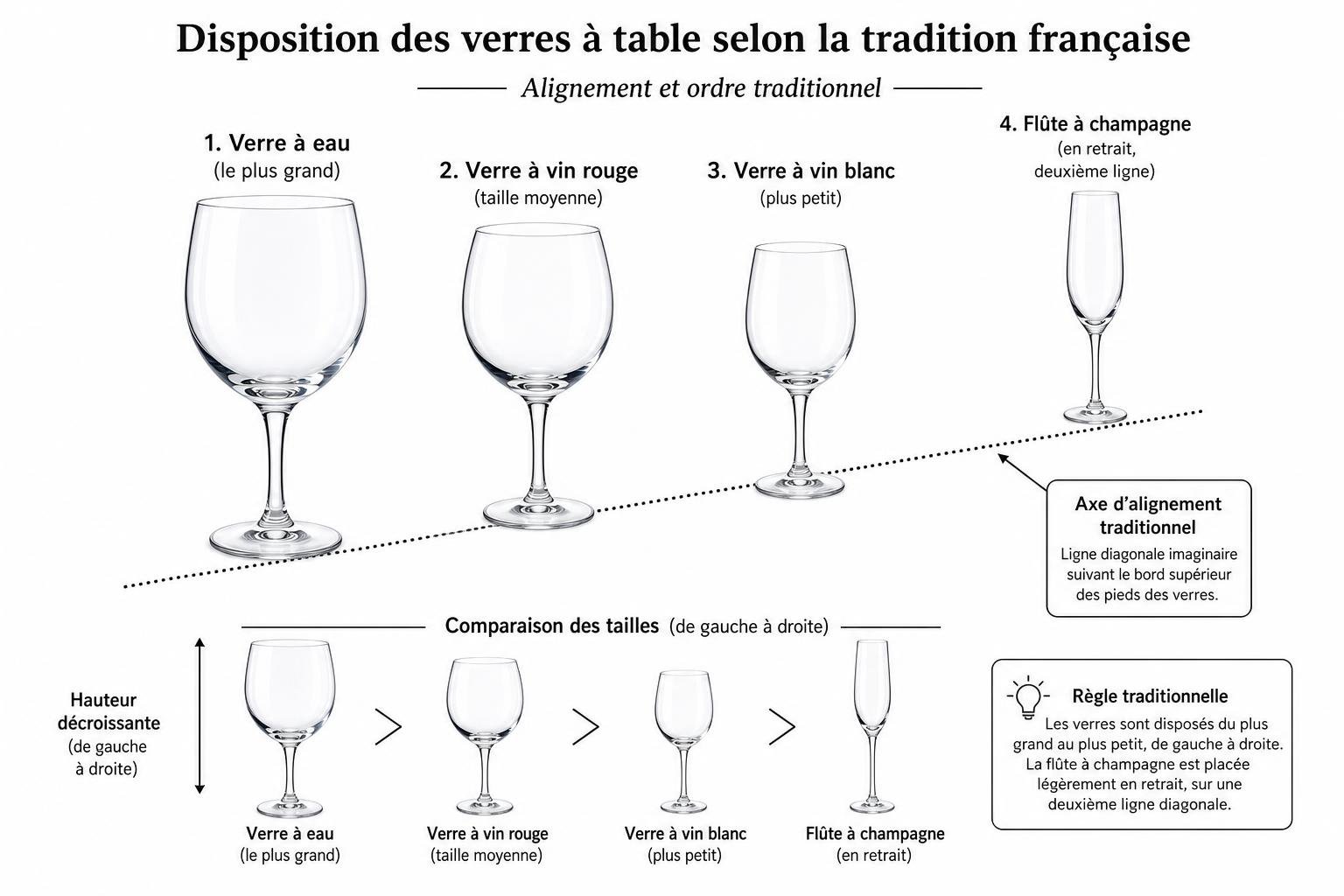 Disposition des verres à table selon la tradition française, avec verres classés du plus grand au plus petit et flûte à champagne en retrait. | comment dresser une table