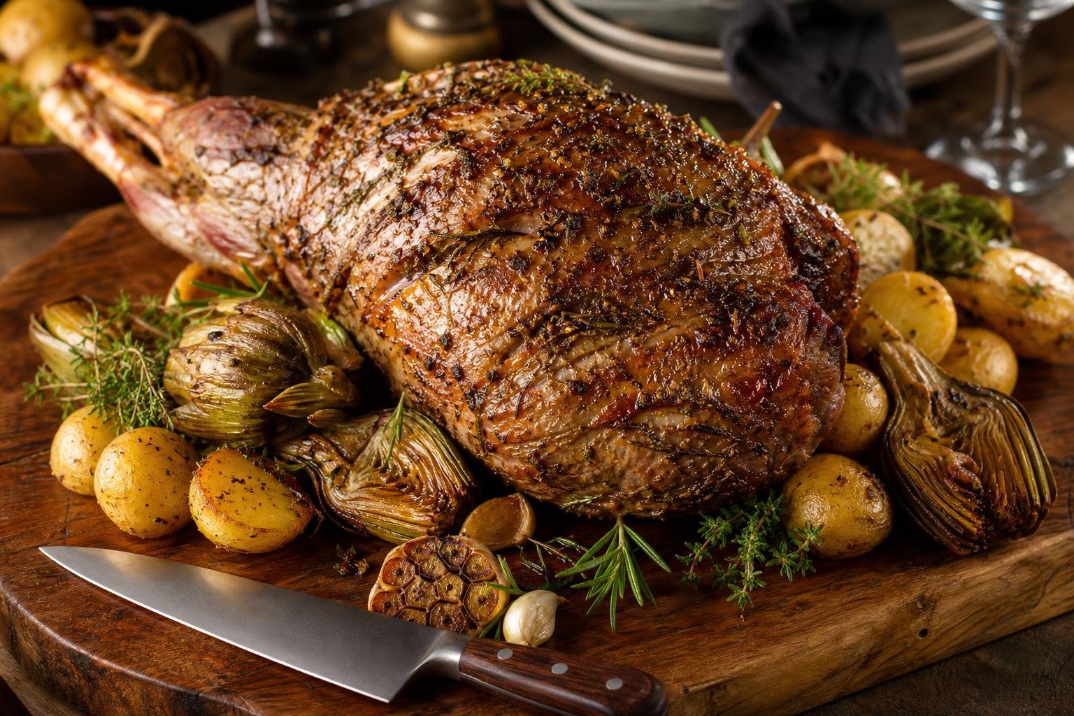 Gigot rôtissant joliment doré sur chalumeau avec pommes de terre et légumes aromatiques; prêt pour les recettes pour l'assomption.