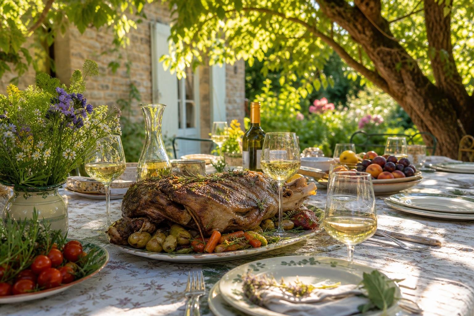 Grande table de fête avec un poulet rôti et légumes, vin blanc, salade et fruits; atmosphère estivale pour recettes pour l'assomption.