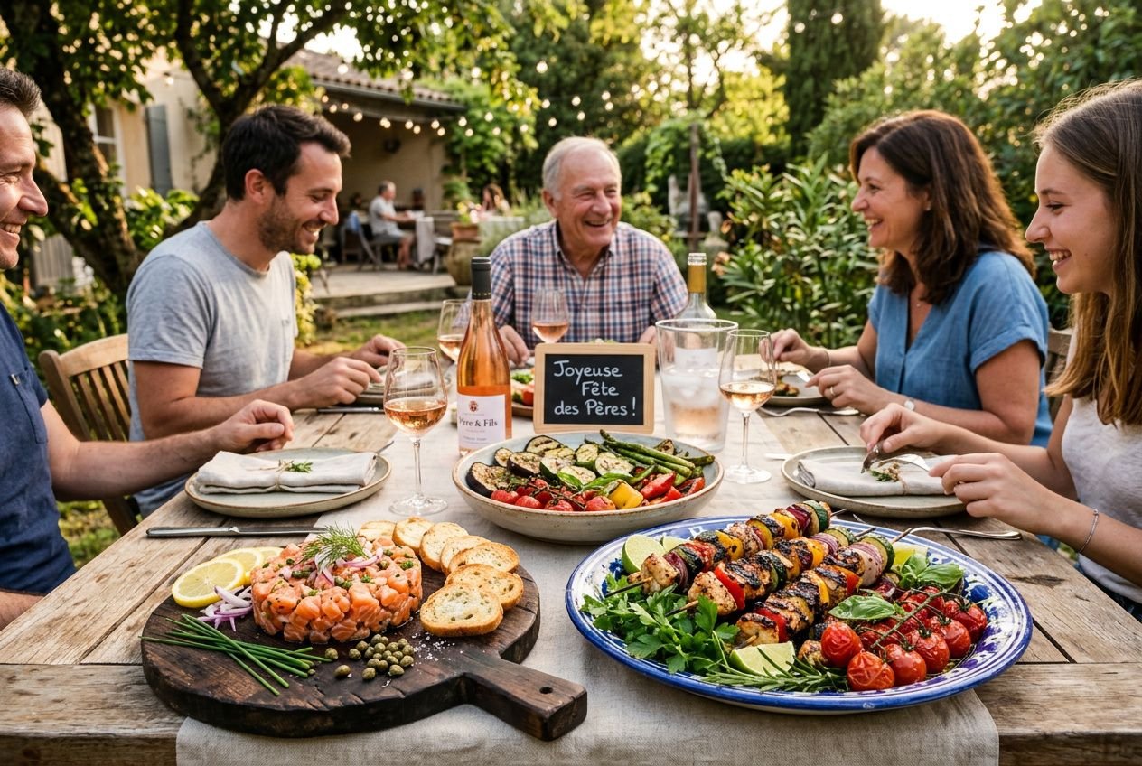Groupe d’adultes autour d’une table de pique-nique en extérieur, repas festif avec brochettes et saumon, chantant “Joyeuse Fête des Pères”. idée de recette de cuisine pour la fête des pères