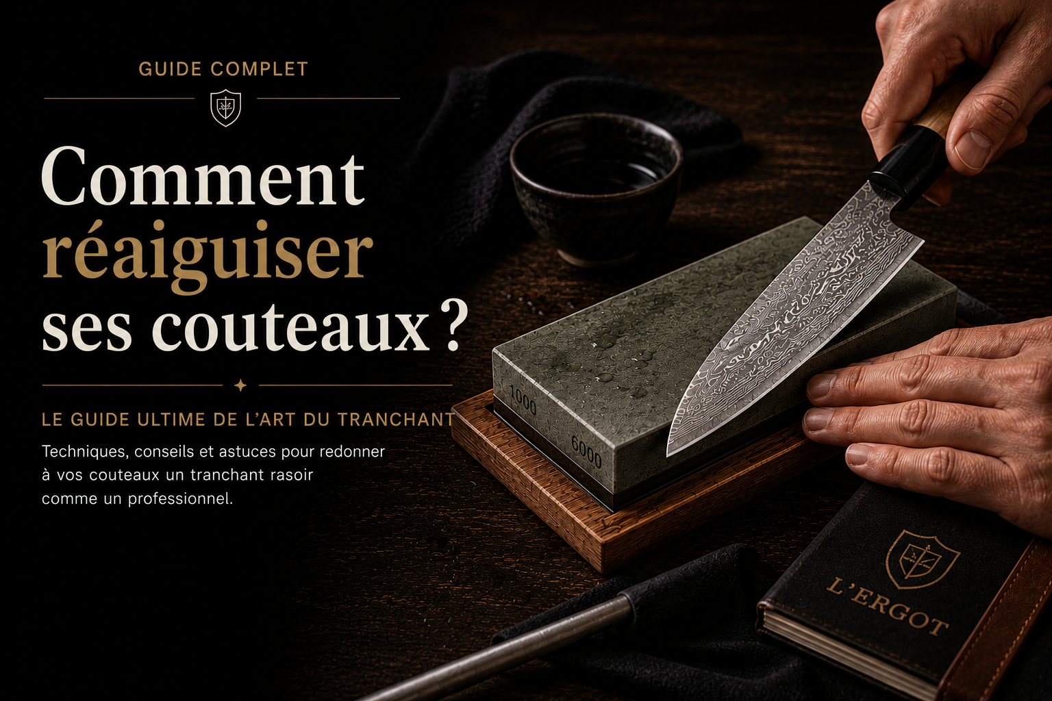 Guide complet: Comment réaffûser ses couteaux? Couteau de cuisine Damascène posé sur une pierre à affûter; main tenant la lame.