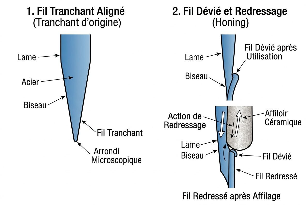 Illustration technique montrant l’affûtage vs aiguisage: fil tranchant aligné et fil dévié après redressage, biseau et lame avec outils de redressage et affilage.