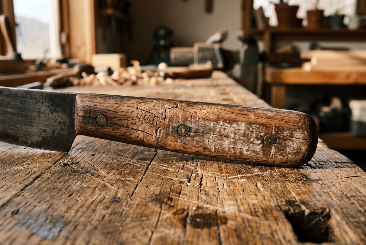 Manche de couteau en bois ancien et fissuré posé sur une planche en bois dans un atelier, prêt à être restauré et entretenu.