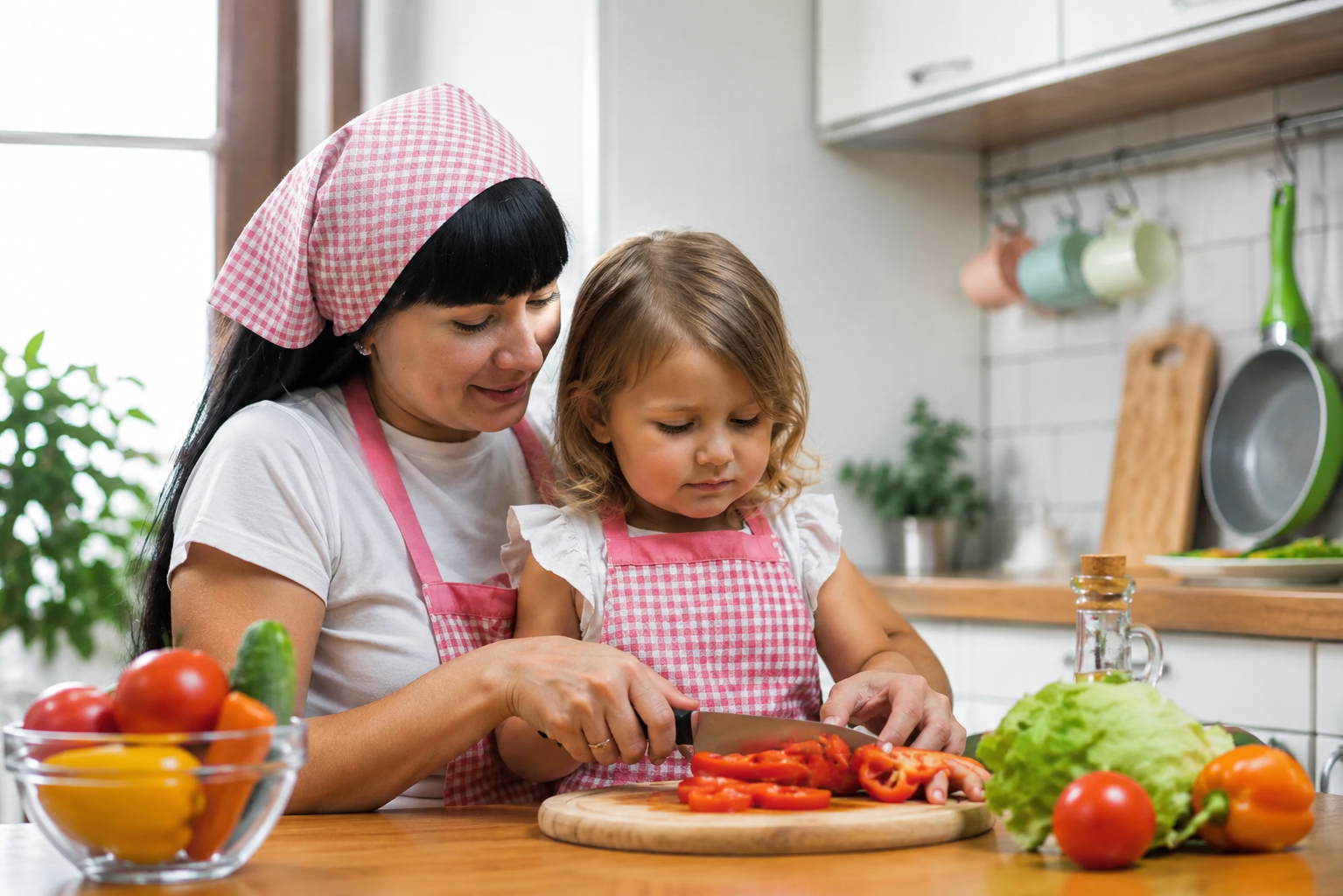 Mère et fille en cuisine, habillées en tabliers roses à carreaux, hachant des légumes sur une planche en bois.
