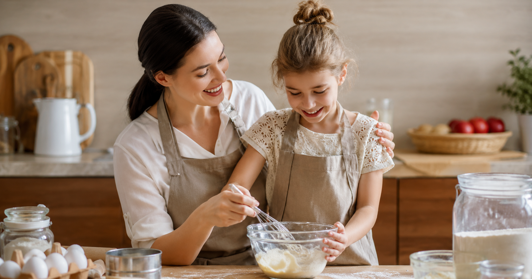 Mère et fille en cuisine, mélangeant une pâte dans un bol avec enthousiasme, devant des ingrédients et des ustensiles.