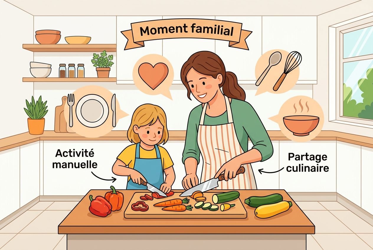 Moment familial en cuisine: une mère et enfant préparent des légumes sur l’îlot, activité manuelle et partage culinaire. idée fete des meres.