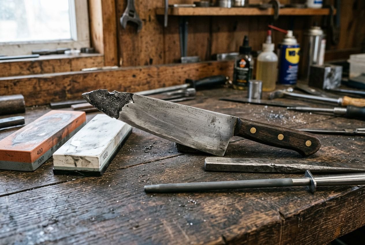 Pointe de couteau cassée ou tordue posée sur une table de travail avec outils et pierres à affûter autour.