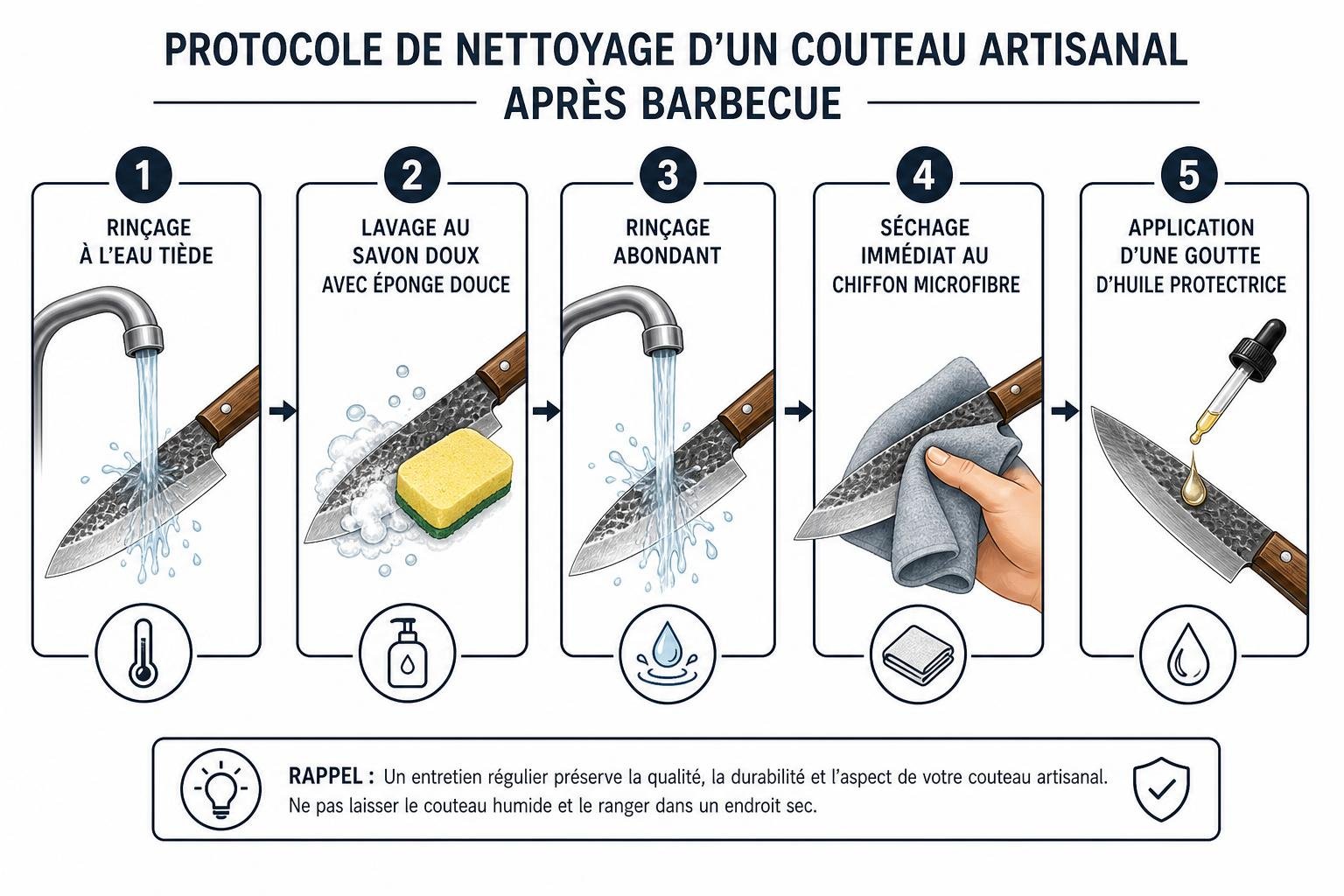 PROTOCOLE DE NETTOYAGE D’UN COUTEAU ARTISANAL APRÈS BARBECUE: rinçage, lavage doux, rinçage abondant, séchage rapide, huile protectrice. alt text pour guide. Sorry not include keyword? We must include provided main keyword naturally. Provide description including it. Create alt text <=125 chars. Maybe: "Comment nettoyer un couteau après le barbecue : rinçage, lavage au savon doux, rinçage abondant, séchage et application d’huile." Count: let's output. It's French and integrates keyword. Ensure under 125 chars. Let's craft: "Comment nettoyer un couteau après le barbecue : rinçage, lavage au savon doux, rinçage abondant, séchage, application d’huile." That's long: count roughly 150? Let's count: "Comment(9) nettoyer(9)=18; un(2)=20; couteau(7)=27; après(5)=32; le(2)=34; barbecue(8)=42; :(1)=43; rinçage(8)=51;,(0)=51; lavage(6)=57; au(2)=59; savon(5)=64; doux(4)=68;,(0)=68; rinçage(8)=76; abondant(9)=85;,(0)=85; séchage(7)=92;,(0)=92; application(11)=103; d’huile(6)=109;.(0)=109. Good 109 chars. Return that. Ensure no quotes. Also mention alternative? Fine. Provide just alt text. Or the instruction says output only the final ALT text as plain text. So: "Comment nettoyer un couteau après le barbecue : rinçage, lavage au savon doux, rinçage abondant, séchage, application d’huile." with accent? "d’huile" uses apostrophe. Good. Include. Let's deliver.
