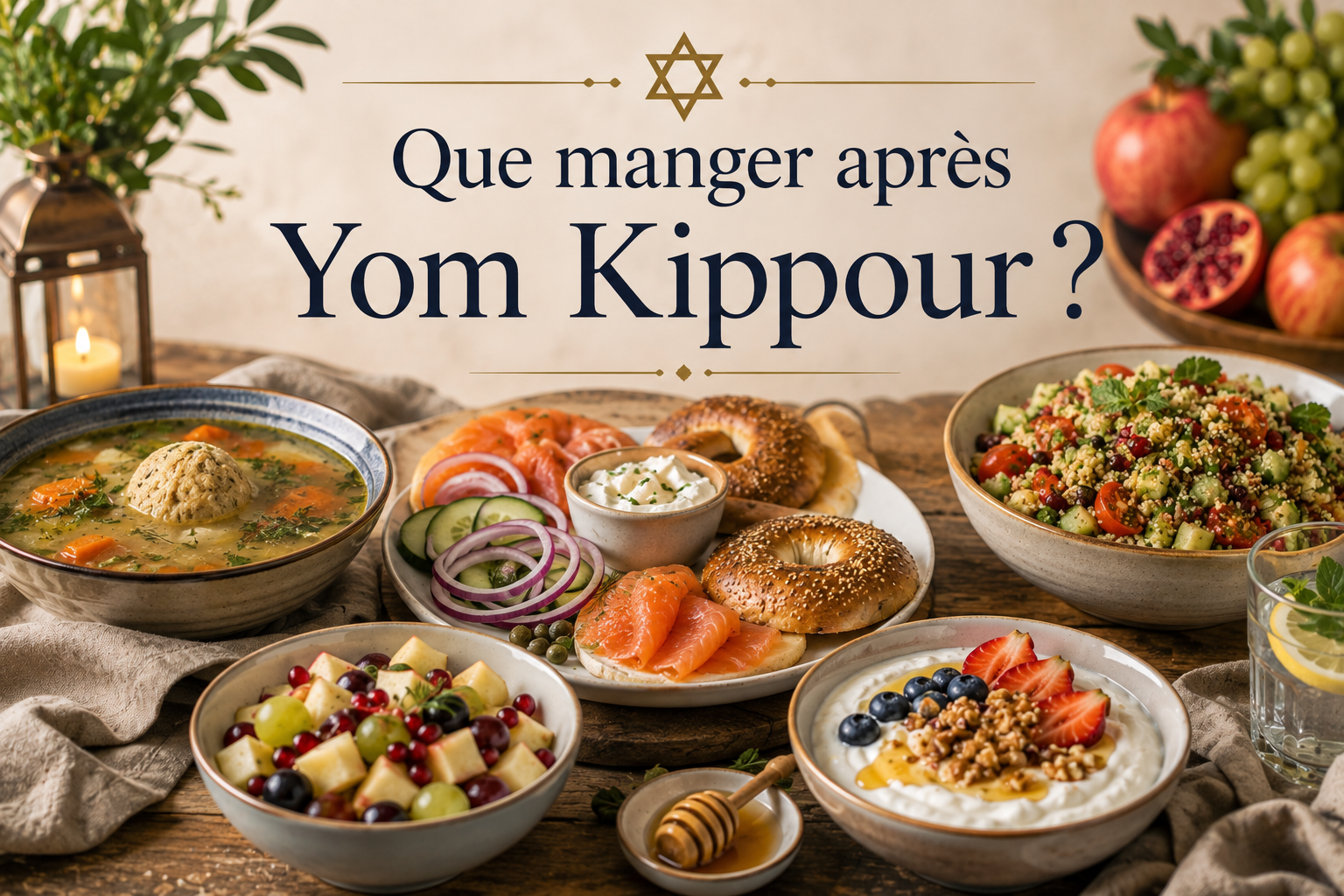 Repas after Yom Kippour : grand plateau de plats variés dont soupe, salades, légumes, pains et fruits, ambiance conviviale.