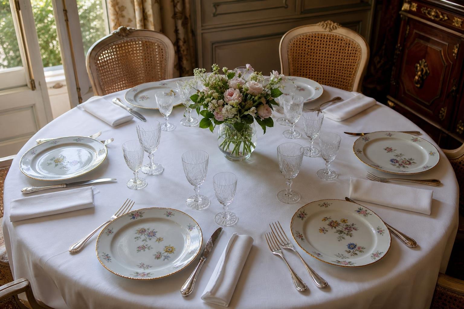 Table dressée avec vaisselle fleurs et cristal, prêt pour un repas élégant à la française.