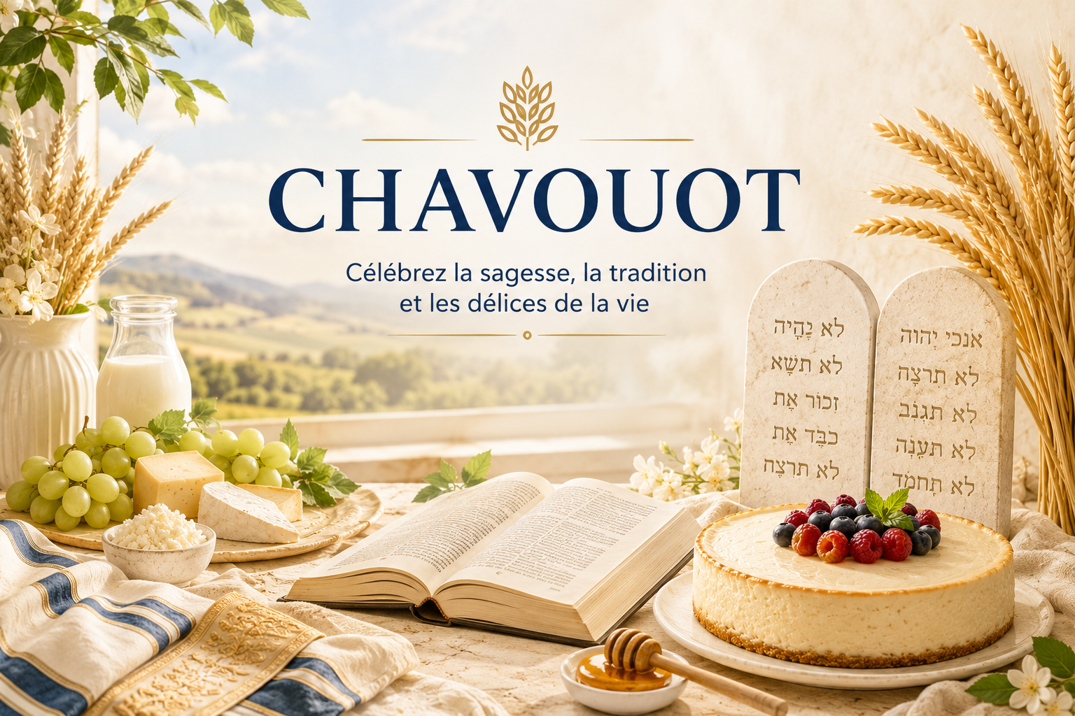 Tableau d’inspiration CHAVOUOT avec fromages, pains et gâteau dessert sur une table dégagée, livre ouvert et céréales, ambiance festive.
