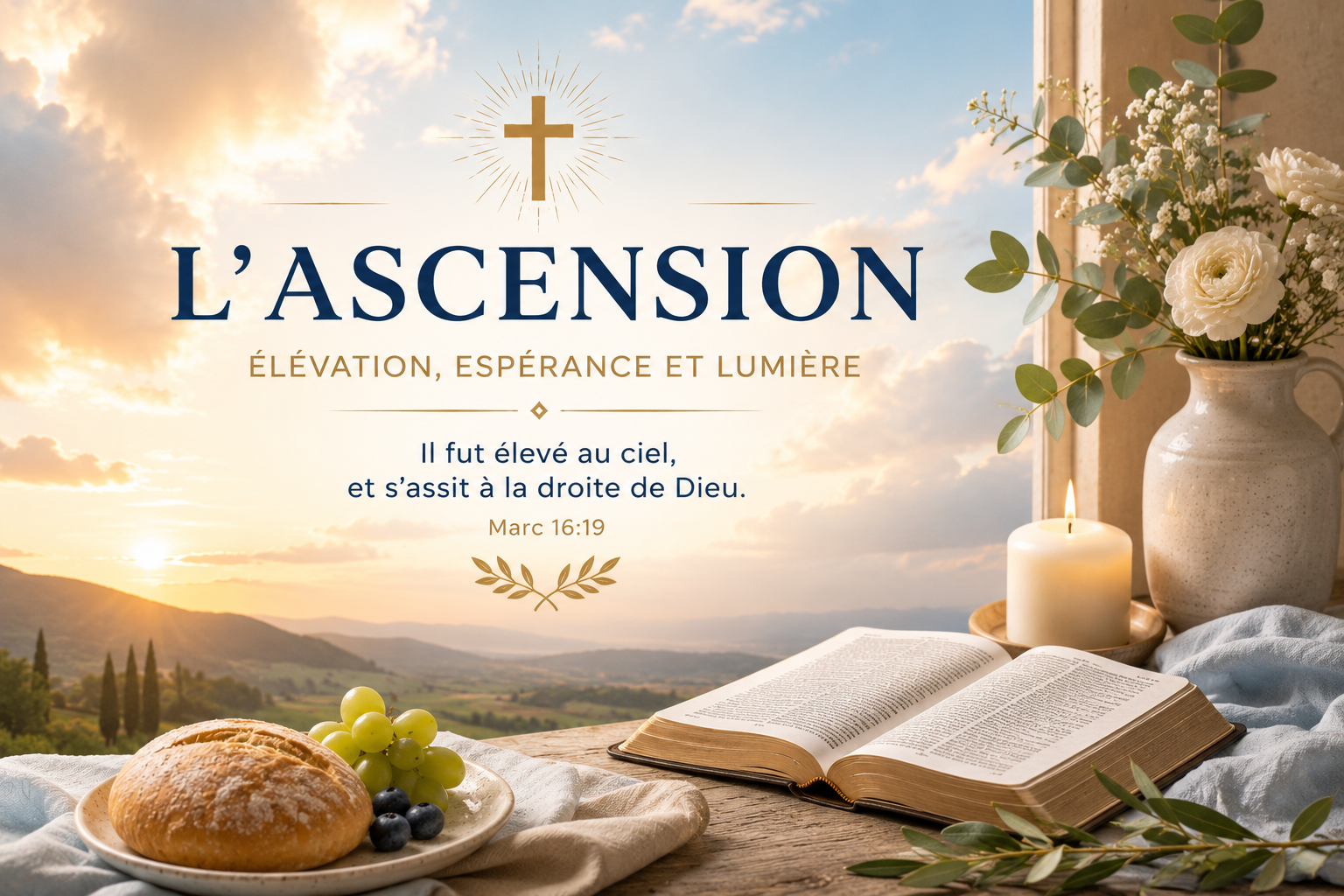 Tableau symbolique avec croix, livre ouvert et bougie, ambiance lumineuse et nature, texte “L’Ascension” et éléments religieux.