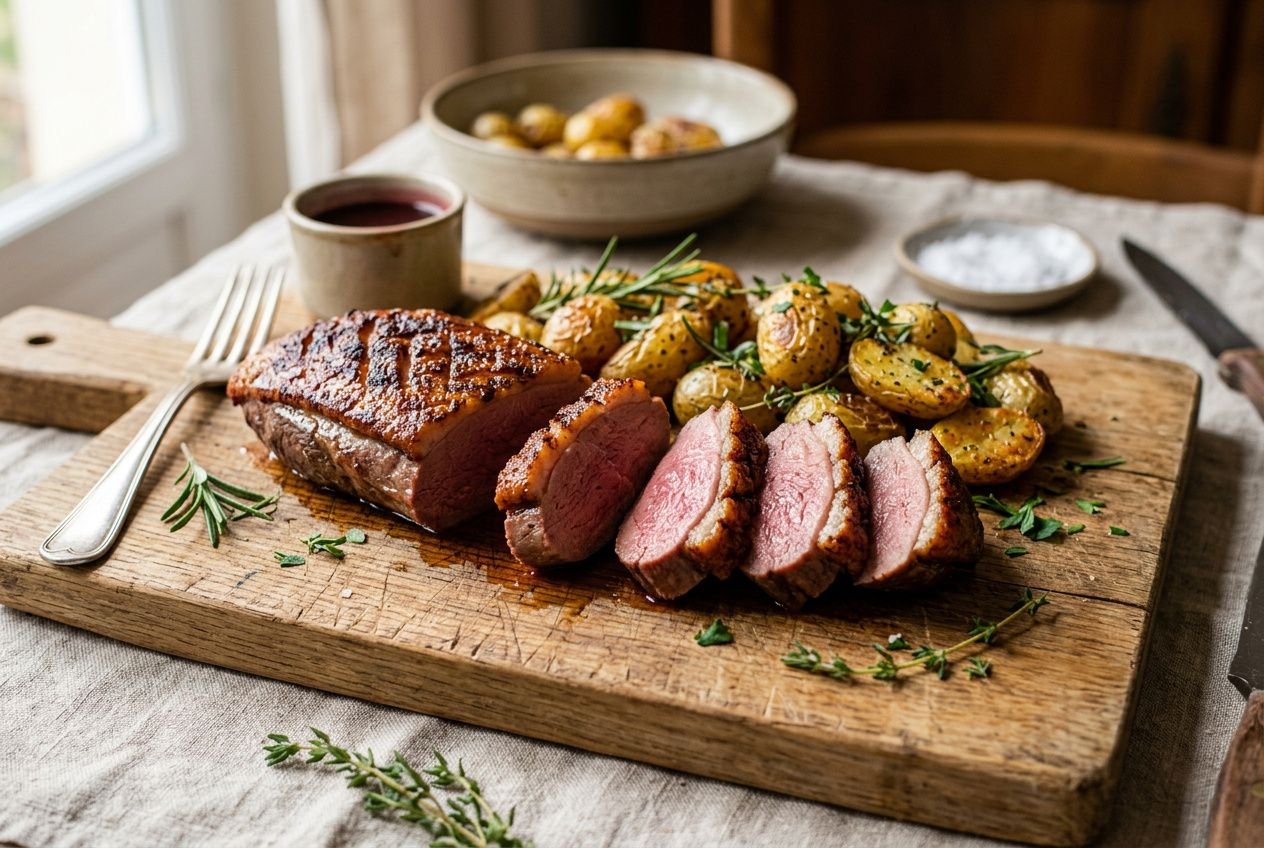 Tranche de magret de canard rosé sur planche en bois avec pommes de terre rôties, idée repas ascension.
