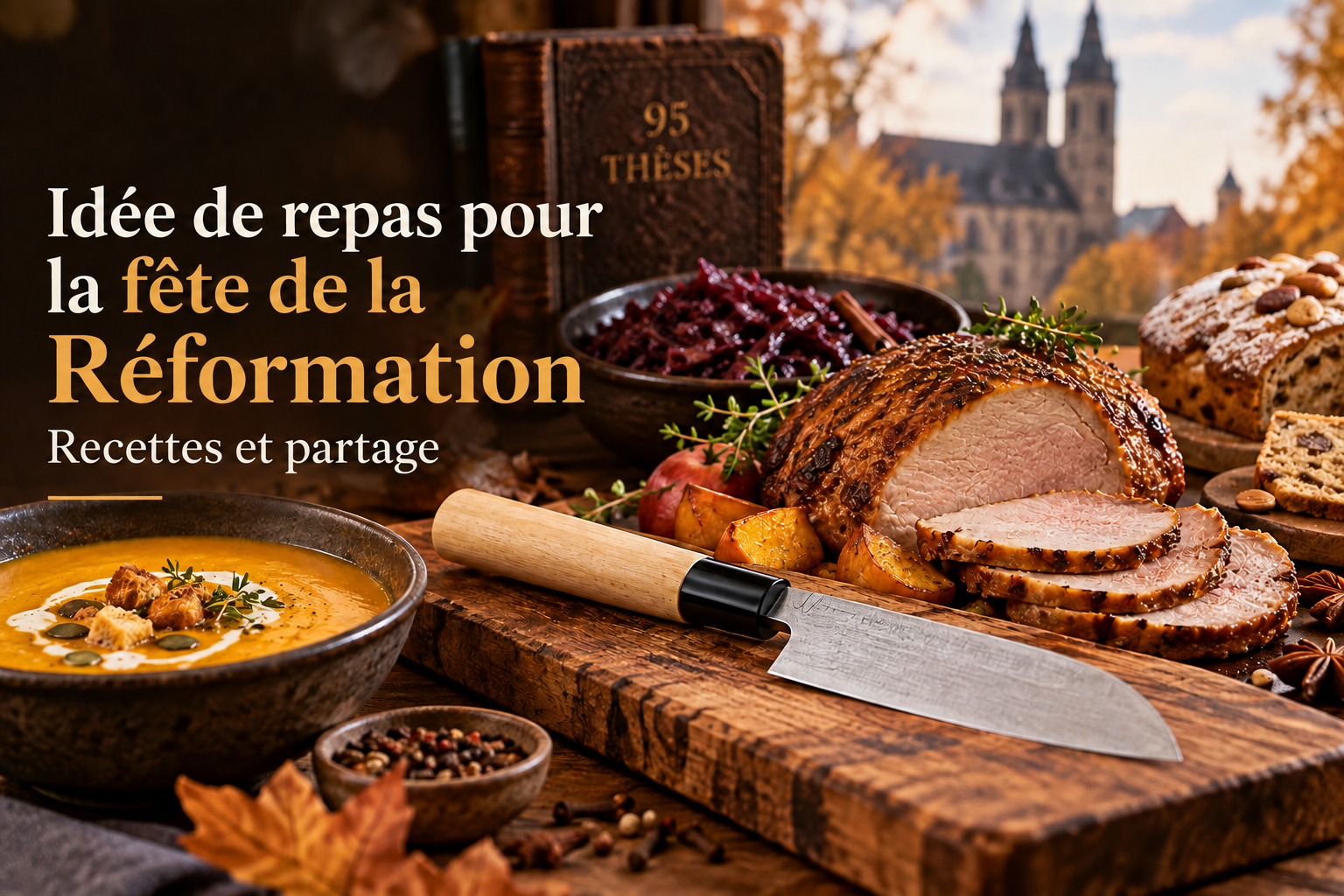 Tranche de rôti sur planche avec couteau artisanal, soupe et pain, ambiance automnale.