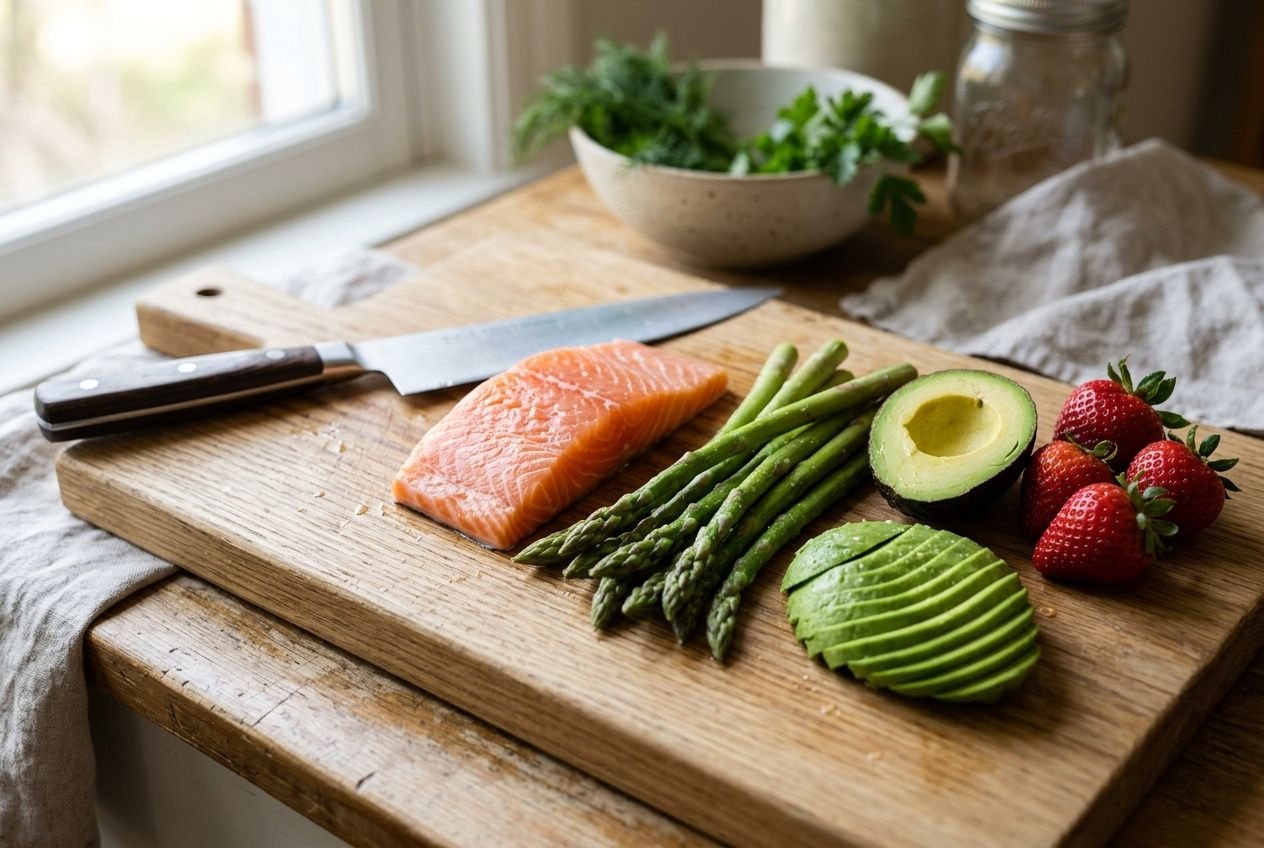 Tranches de saumon et légumes frais (avocat, asperges, fraises) sur plan de travail en bois, prêt à assembler pour une idée de repas pour la fête des mères.