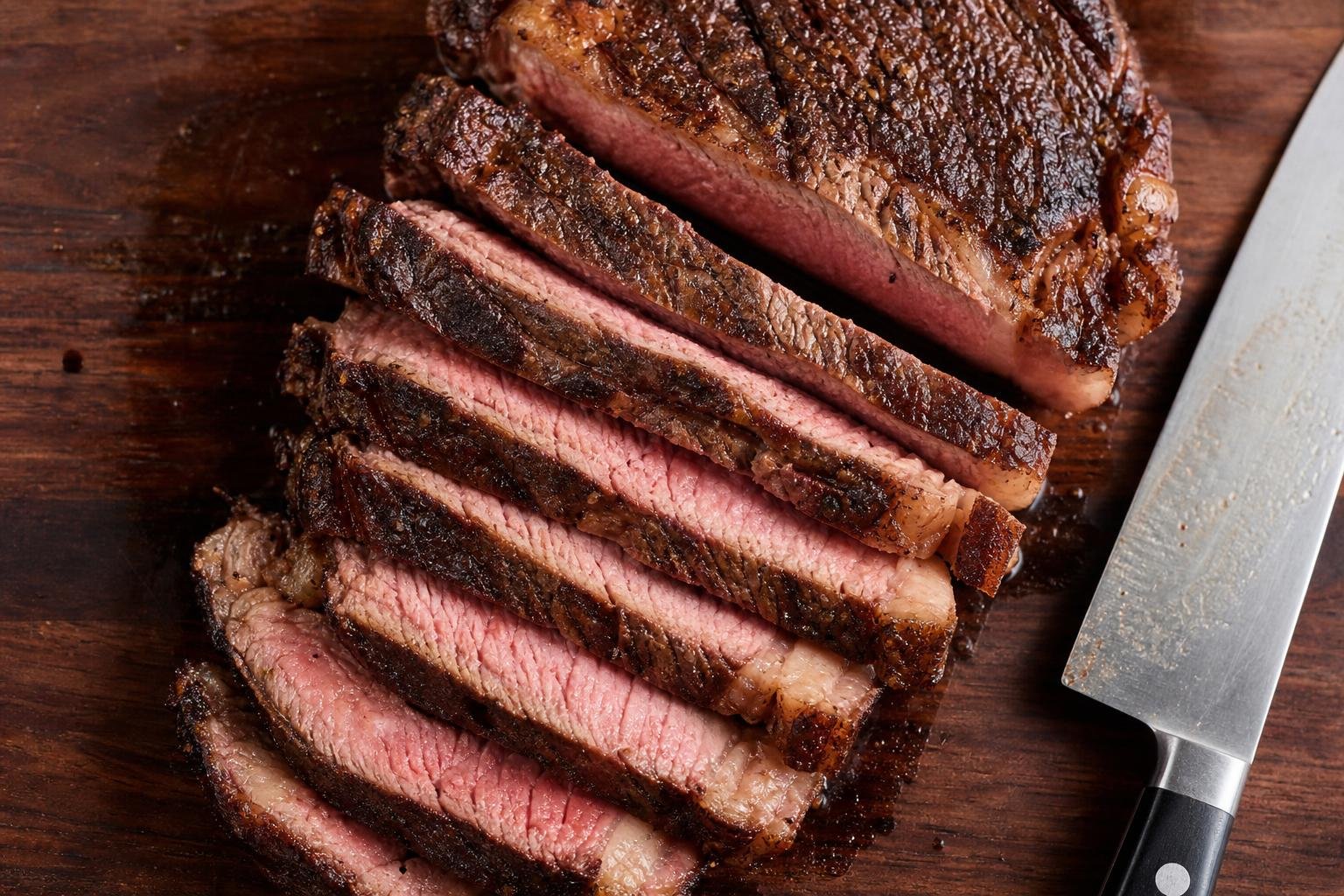 Tranches de viande de bœuf grillée et rosée, alignées sur la planche, avec couteau à côté. Le guide de la découpe des viandes pour le barbecue intégré.