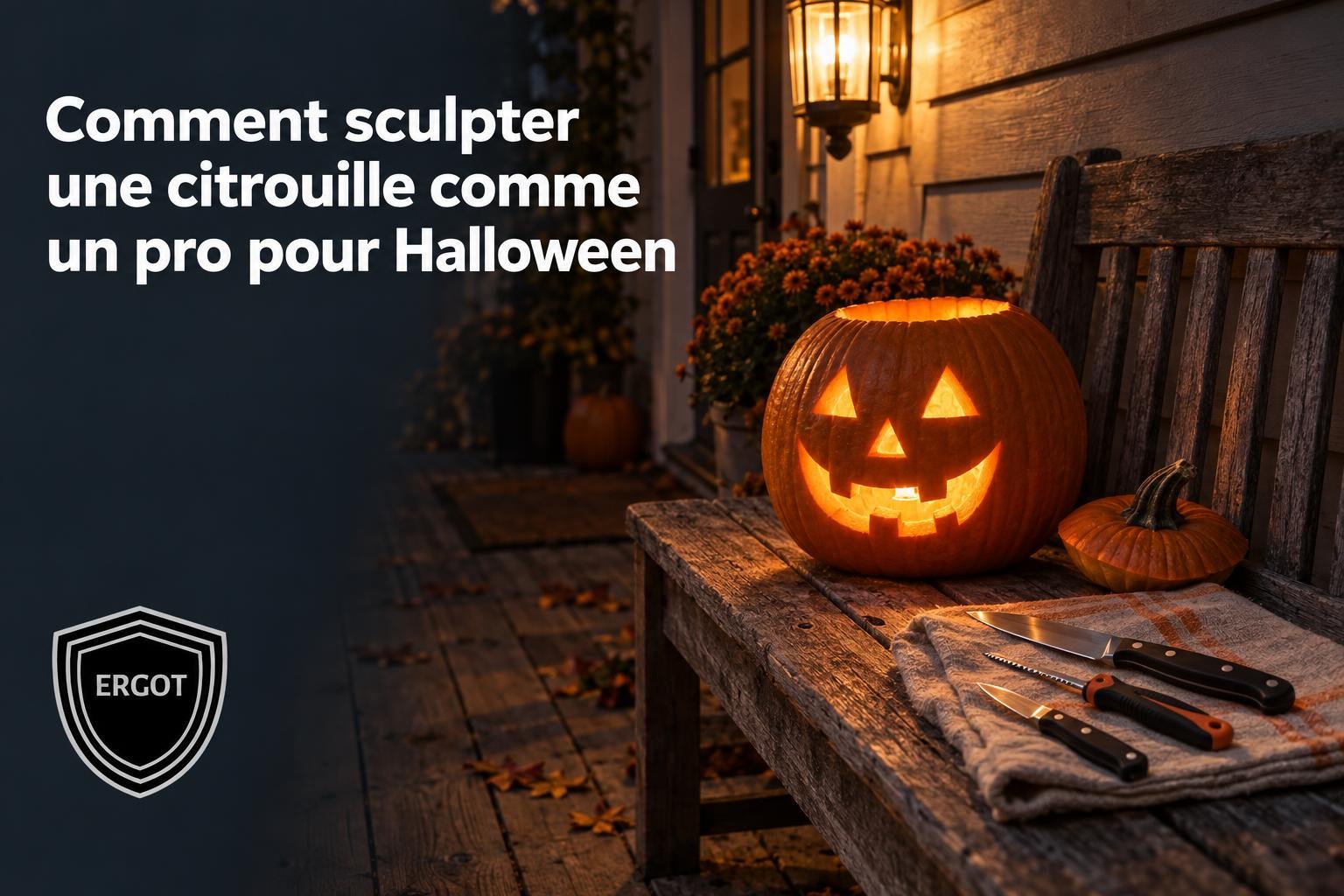 Un travail de sculpture de citrouille est posé sur une table en bois avec des outils tranchants et une citrouille illuminée